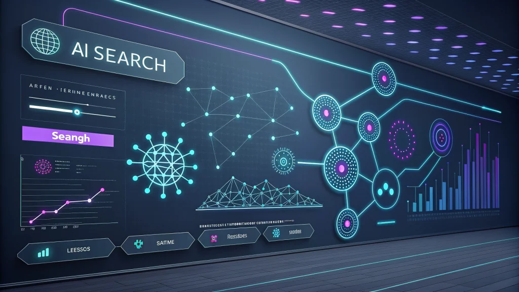 Abstract AI and Google Ads search visualization with glowing blue and purple lines on a dark background