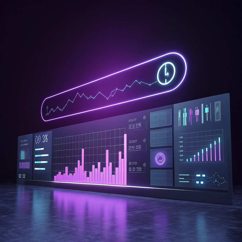 Futuristic 3D search bar and analytics visual for SEO service