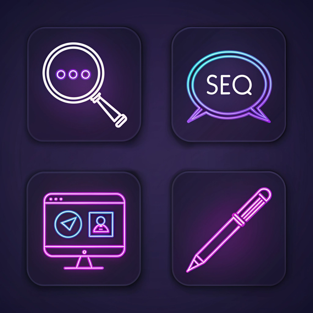 Abstract digital marketing icons representing SEO, Social Media, and Content Creation, purple neon style