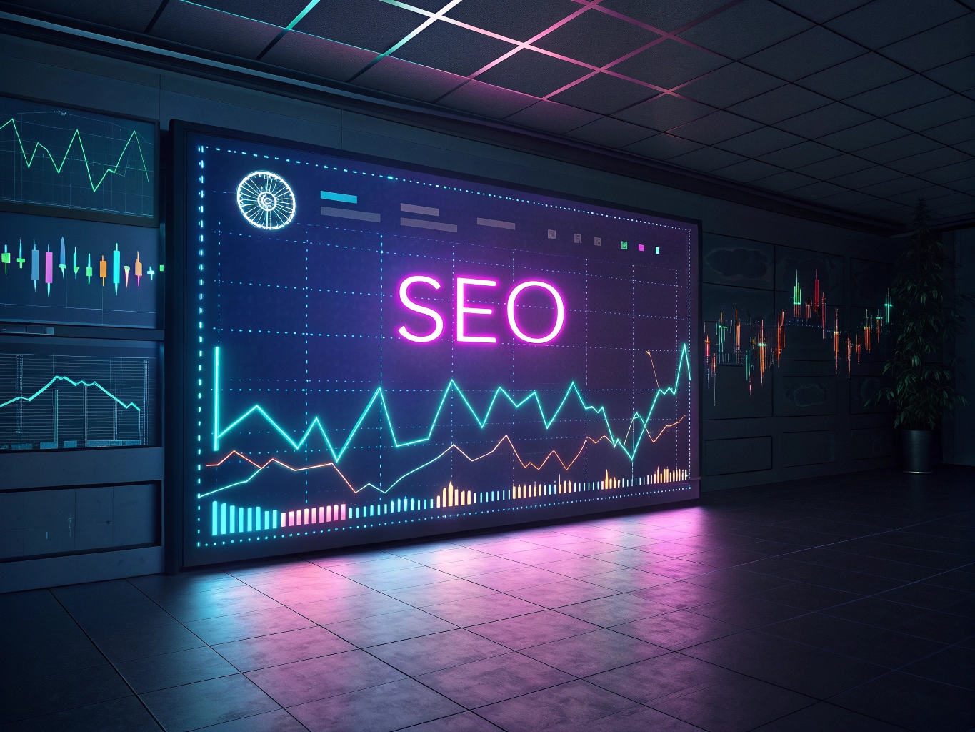 SEO analytics dashboard with glowing charts.