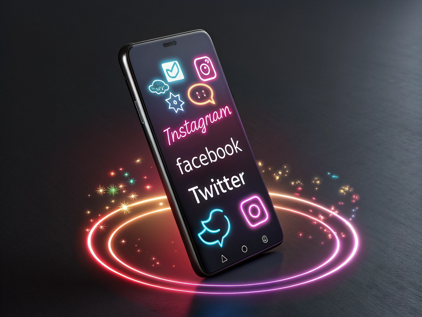 Social media icons floating around a smartphone.