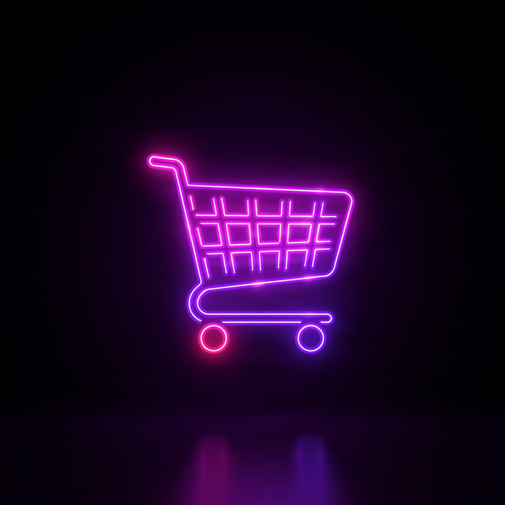 Neon purple shopping cart icon for Shopping Ads.